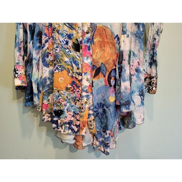 Feratelli Colorful Floral Artsy Semi Sheer Asymmetrical Button Up Tunic Top XL - Picture 4 of 7